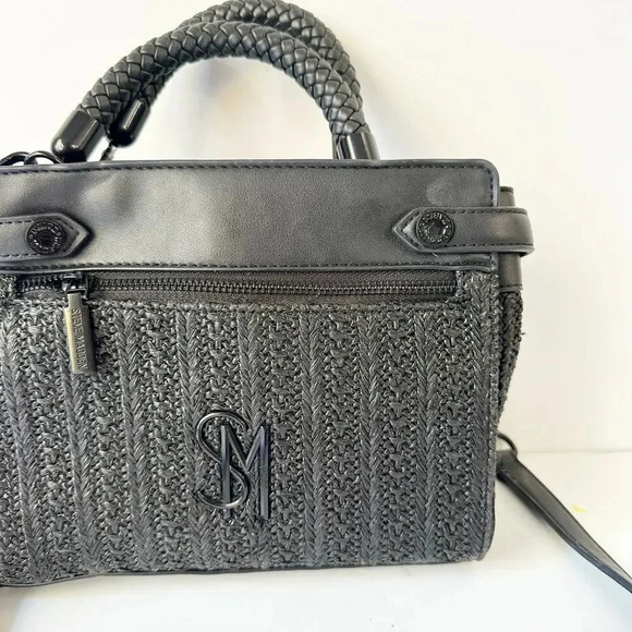 STEVE MADDEN Bhaymann Black Woven Satchel Tote Crossbody Detachable Strap - Picture 1 of 6